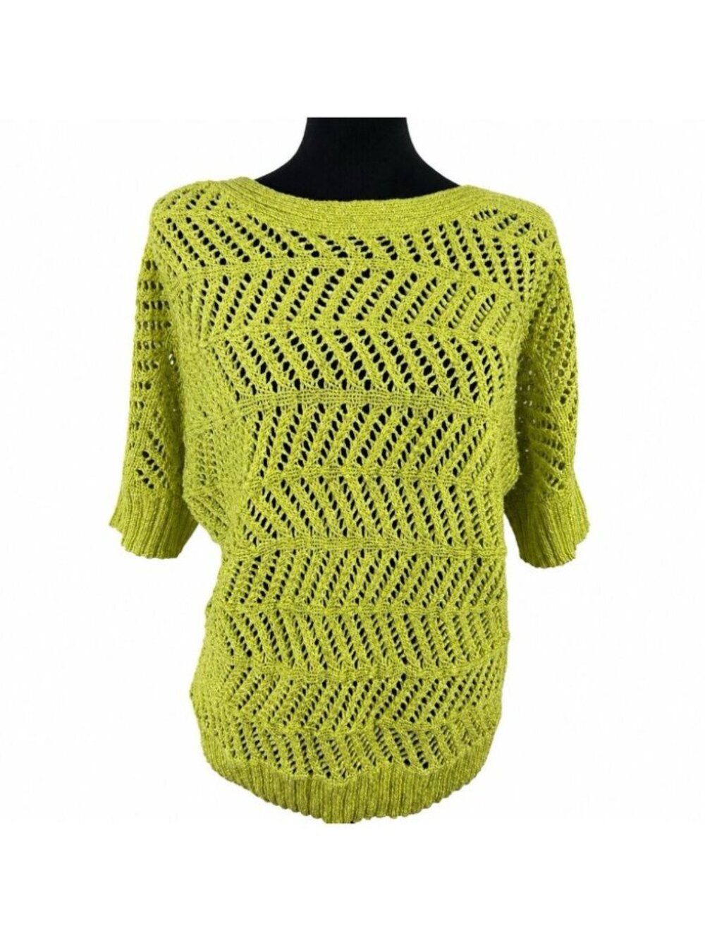Chicos Lime Green Open Knit Crochet Sweater Sz 2 US 10/M Dolman Sleeve Boatneck